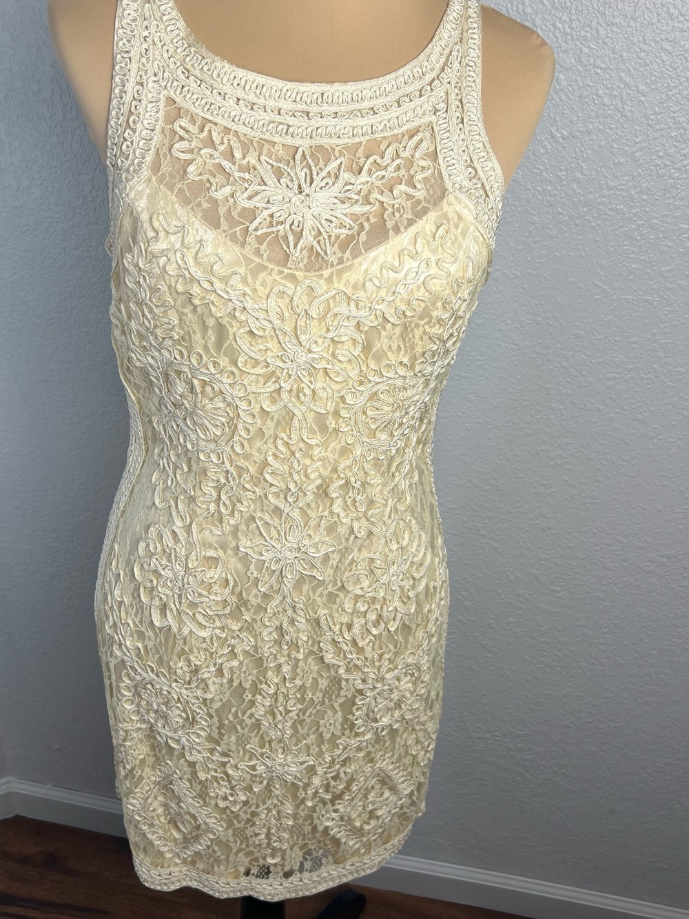 Cinderella Divine Cream Lace Embroidered Bodycon Dress Size L Wedding Guest Boho